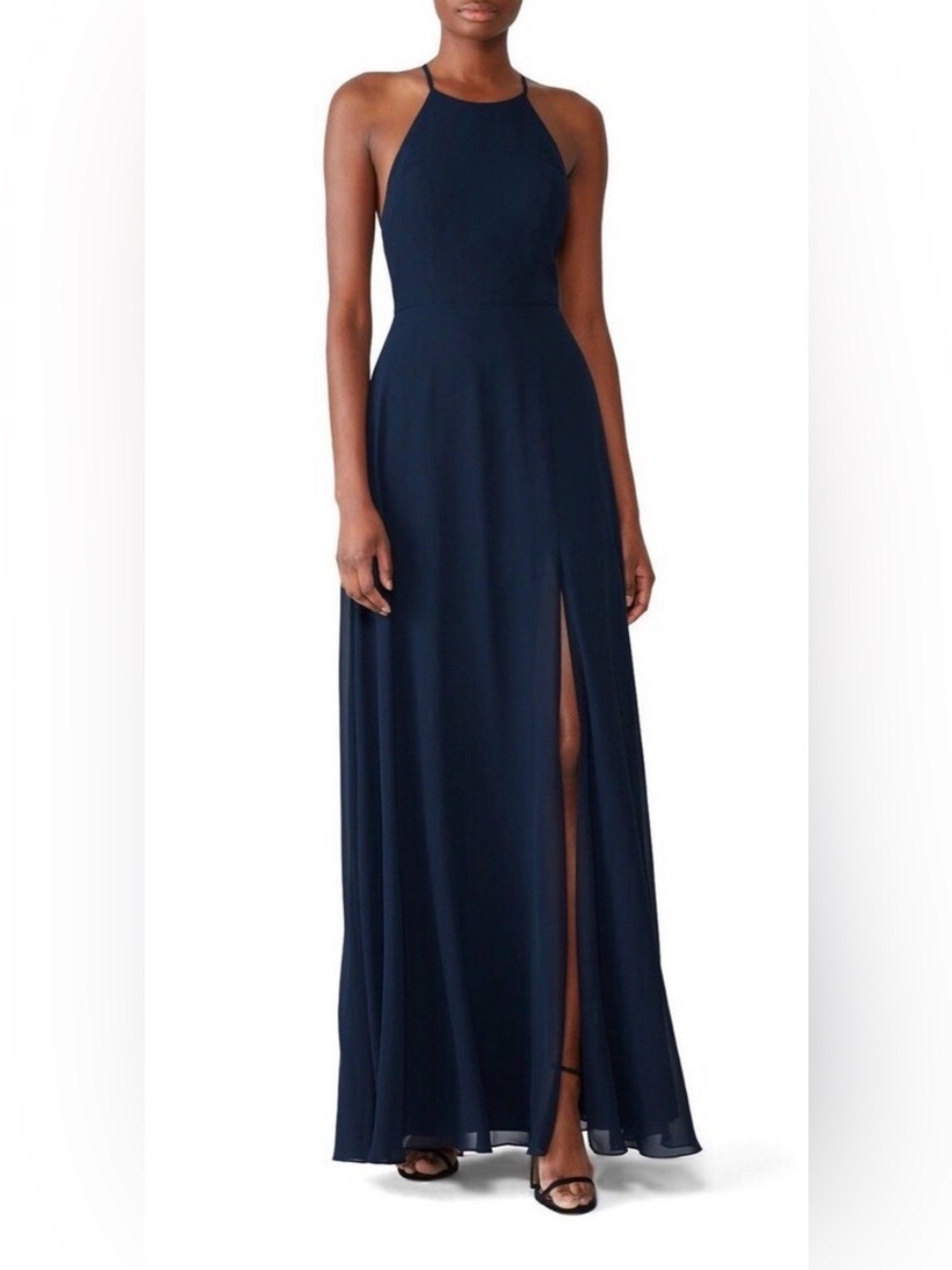 Jenny Yoo Women’s Kayla A-Line Halter Chiffon Long Maxi Dress, Size 6, Navy Blue
